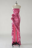 Sparkly Fuchsia Metallic Strapless Prom Dress with Slit