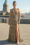 Khaki Leopard Sequins Mermaid Spaghetti Straps Long Corset Dress with Slit