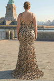 Khaki Leopard Sequins Mermaid Spaghetti Straps Long Corset Dress with Slit