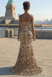 Khaki Leopard Sequins Mermaid Spaghetti Straps Long Corset Dress with Slit
