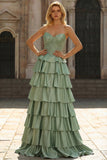 Green Princess Basque Waist Tiered Ruffle Long Prom Dress with Beading