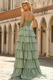 Green Princess Basque Waist Tiered Ruffle Long Prom Dress with Beading