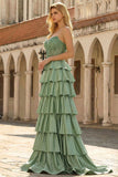 Green Princess Basque Waist Tiered Ruffle Long Prom Dress with Beading
