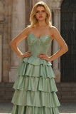 Green Princess Basque Waist Tiered Ruffle Long Prom Dress with Beading