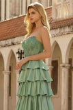 Green Princess Basque Waist Tiered Ruffle Long Prom Dress with Beading
