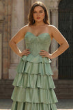 Green Sweetheart Princess Tiered Satin Corset Long Plus Size Prom Dress with Slit