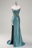 Sparkly Grey Green Mermaid Strapless Sheer Corset Satin Long Prom Dress with Slit