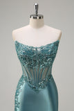 Sparkly Grey Green Mermaid Strapless Sheer Corset Satin Long Prom Dress with Slit