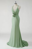 Sparkly Sheath Green Long Prom Dress with 3D Flowers