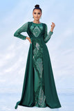 Green Sequins Printed Formal Dress with Long Sleeves