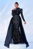 Gorgeous Black Mermaid Long Sleeves Beaded Prom Dress