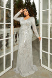 Sparkly Grey A-Line V-Neck Prom Dress with Long Sleeves