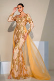 Golden Sparkly Mermaid Long Sleeves Prom Dress with Slit