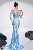 Ligth Blue Mermaid Printed Illusion Sleeves Prom Dress