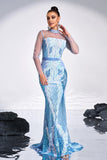 Ligth Blue Mermaid Printed Illusion Sleeves Prom Dress