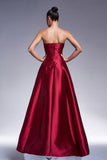 Burgundy A-Line Strapless Satin Prom Dress with Bow