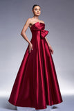 Burgundy A-Line Strapless Satin Prom Dress with Bow