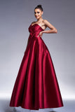 Burgundy A-Line Strapless Satin Prom Dress with Bow