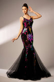 Sparkly Floral Black Mermaid Spaghetti Straps Tulle Prom Dress