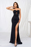 Black Mermaid Strapless Corset Hollow Out Prom Dress with Slit