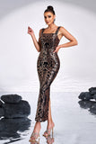 Black Golden Print Sequins Mermaid Square Neck Long Prom Dress