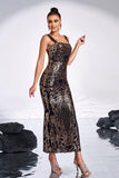 Black Golden Print Sequins Mermaid Square Neck Long Prom Dress