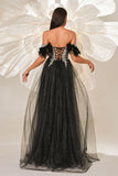 Sparkly Black Off the Shouler A-Line Tulle Long Corset Prom Dress with Feather