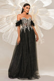 Sparkly Black Off the Shouler A-Line Tulle Long Corset Prom Dress with Feather