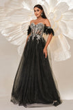 Sparkly Black Off the Shouler A-Line Tulle Long Corset Prom Dress with Feather