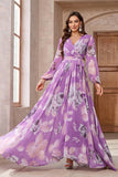 Purple Floral Printed Chiffon A-Line V-neck Long Sleeves Long Prom Dress