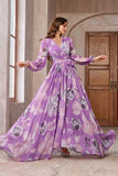 Purple Floral Printed Chiffon A-Line V-neck Long Sleeves Long Prom Dress