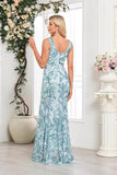 Blue Floral Sheath V-Neck Long Prom Dress