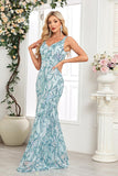 Blue Floral Sheath V-Neck Long Prom Dress