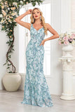 Blue Floral Sheath V-Neck Long Prom Dress