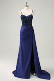 Navy Mermaid Spaghetti Straps Ruched Streamer Long Prom Dress with Lace