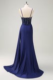 Navy Mermaid Spaghetti Straps Ruched Streamer Long Prom Dress with Lace