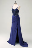 Navy Mermaid Spaghetti Straps Ruched Streamer Long Prom Dress with Lace