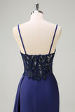 Navy Mermaid Spaghetti Straps Ruched Streamer Long Prom Dress with Lace