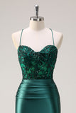 Sparkly Dark Green Mermaid Halter Corset Long Prom Dress With Slit