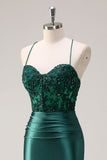 Sparkly Dark Green Mermaid Halter Corset Long Prom Dress With Slit