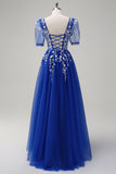 Sparkly Royal Blue A-Line V Neck Appliques Tulle Long Prom Dress with Short Sleeves