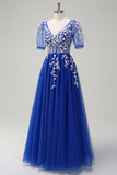 Sparkly Royal Blue A-Line V Neck Appliques Tulle Long Prom Dress with Short Sleeves