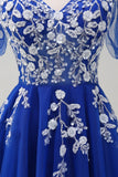 Sparkly Royal Blue A-Line V Neck Appliques Tulle Long Prom Dress with Short Sleeves