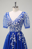 Sparkly Royal Blue A-Line V Neck Appliques Tulle Long Prom Dress with Short Sleeves