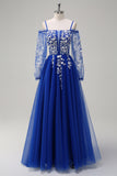 Sparkly Royal Blue A-Line Cold Shoulder Long Sleeves Long Prom Dress with Appliques