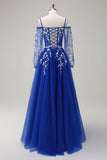 Sparkly Royal Blue A-Line Cold Shoulder Long Sleeves Long Prom Dress with Appliques