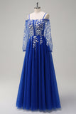 Sparkly Royal Blue A-Line Cold Shoulder Long Sleeves Long Prom Dress with Appliques