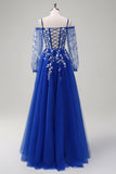 Royal Blue A-Line Cold Shoulder Sequin Applique Long Prom Dress with Tulle Slit