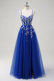 Royal Blue A-Line Spaghetti Straps Applique Sequined Prom Dress with Slit