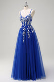 Royal Blue A-Line Spaghetti Straps Applique Sequined Prom Dress with Slit